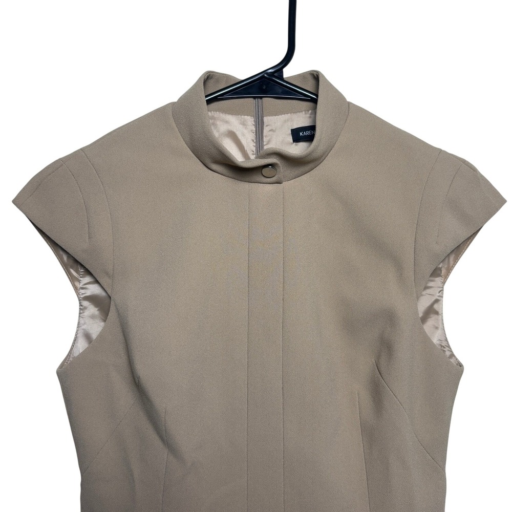 NWT Karen Millen Beige Military Pleated Arched Hem Cap Sleeve Dress Womens US 2 - Picture 2 of 9